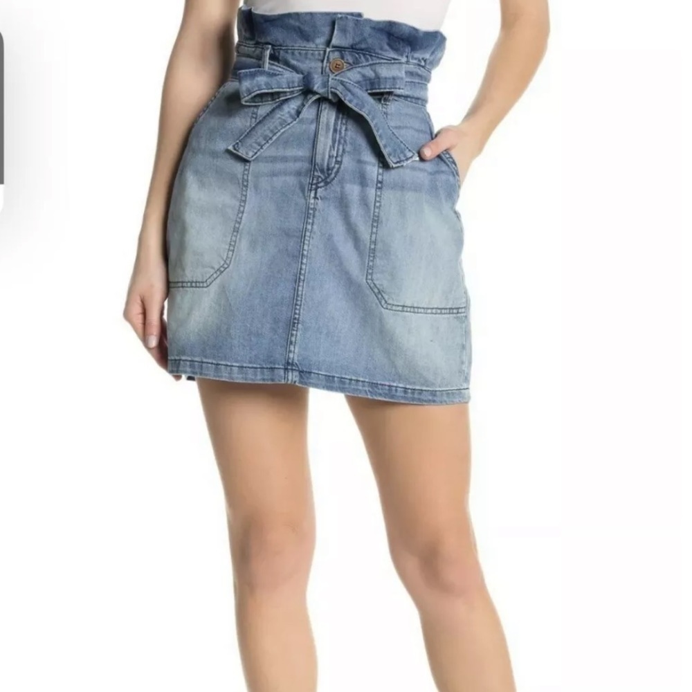 Free People Splendor In The Grass Denim Paper Bag Tie Waist Mini Skirt
